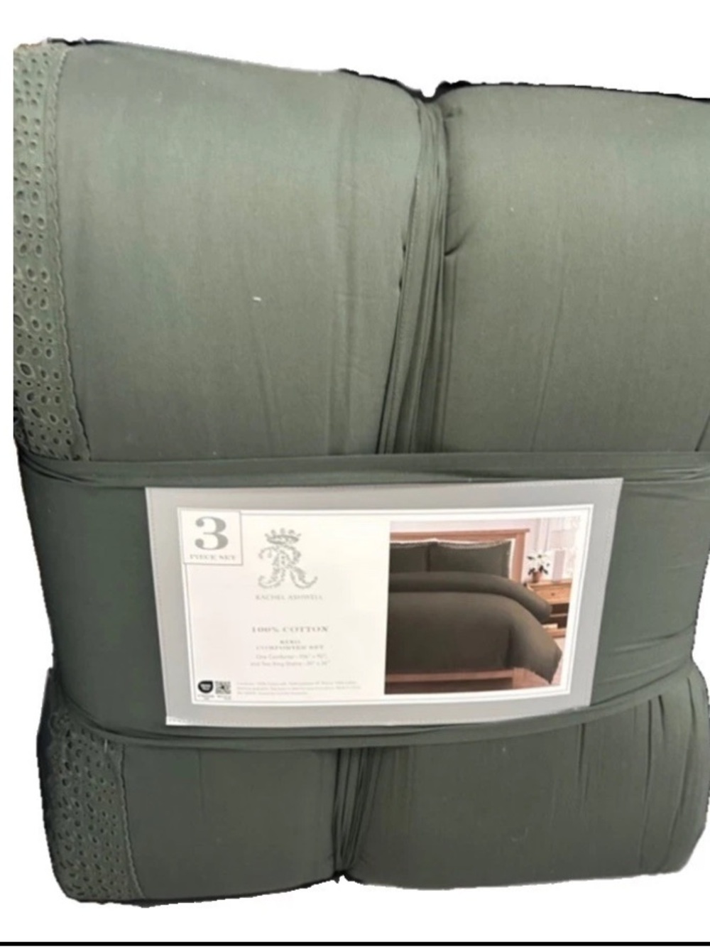 Rachel Ashwell Green King Comforter Set with Eyelet Trim 106”x90”